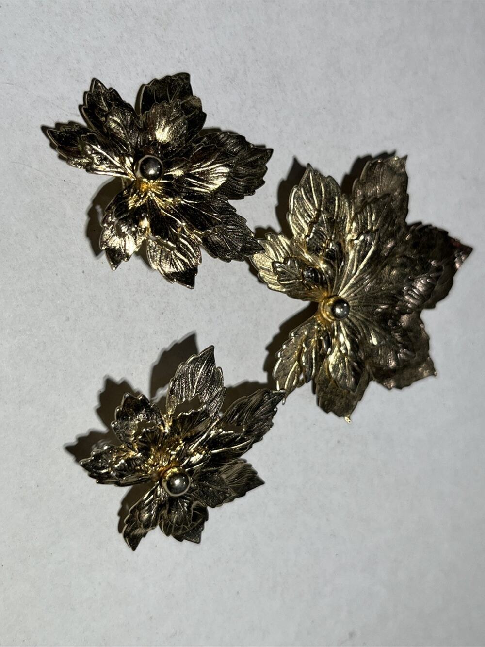 3 Dimensional Leaf Gold Clip On Earrings With Matching Brooch Vintage